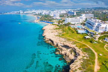 Cyprus aerial view. Coast of Ayia Napa resort. Mediterranean sea landscape. Bird's eye view of Mediterranean hotels. Relax at Ayia Napa resort. Cruise to island of Cyprus. Cyprus hotels