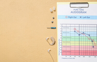 Audiogram with hearing aid and accessories on color background