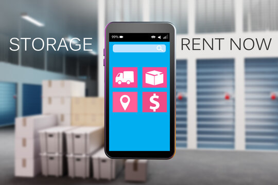 Rental Storage Units. Rental Storage symbols on phone. Concept - site for searching warehouse container. Self storage rent. Blurred warehouse containers in background. Warehouse search apps. 3d image