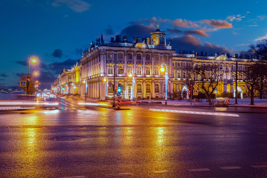 Saint Petersburg night. Cities of Russia. Hermitage on winter evening. Night landscape Saint Petersburg. Petersburg with effect of movement. Winter Palace Hermitage on Christmas Eve. Russia new year