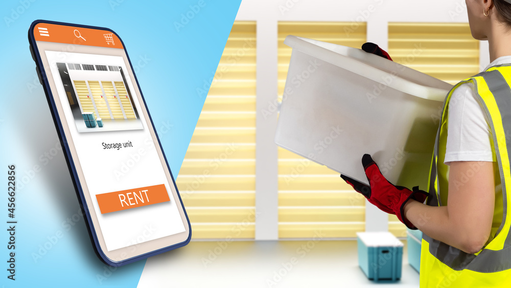 Aufkleber self storage rent. self storage reservation via smartphone. application for renting warehouse on pho