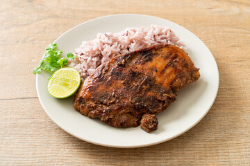 spicy grilled Jamaican jerk chicken with rice