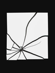 Broken glass on a black background. Vertical photo of broken glass. Fractured mirror mosaic. Mirror with many large cracks. White fractured glass. Broken mirror with no reflection.