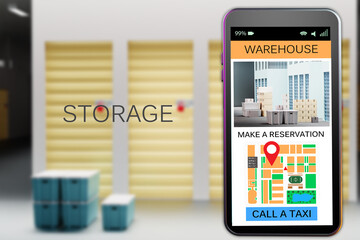 Storage company website concept. Online warehouse reservation. Reservation of storage cell via...