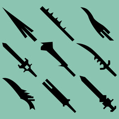 Set of nine silhouettes of combat swords. Image for icons, icons, games, sites and more.