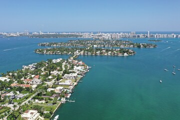 Aerial view of Venetian Causeway and Islands, North Biscayne Bay and Miami Beach, Florida on clear summer afternoon.