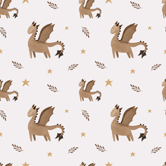 Bohemian dragon seamless pattern, Celestial animals pattern, Baby dragon seamless pattern