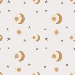 Celestial seamless pattern with clouds, stars and moon