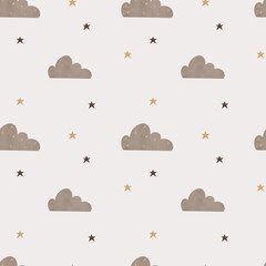 Celestial seamless pattern with clouds, stars and moon