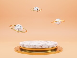 Marble pedestals or podiums with golden frames and decor 3d rendering
