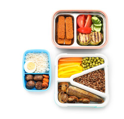 Containers with different tasty food on white background