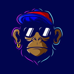 Funny funky monkey Line. Pop Art logo. Colorful design with dark background. Abstract vector illustration