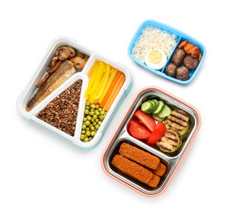 Containers with different healthy food on white background