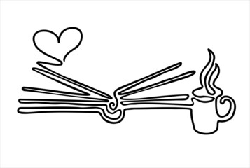 Naklejka premium Abstract book with a mug, one line drawing. Logo. Vector