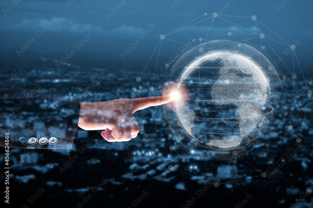 Aufkleber Global network concept, Woman hand touching global network and data exchanges over the world 3D rendering.