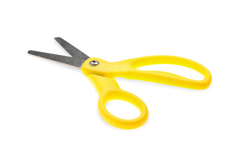Yellow scissors on white background