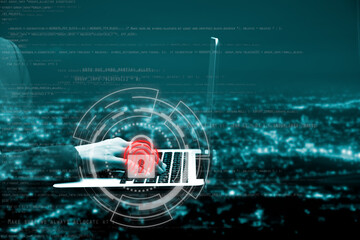 Hacker hand using keyboard typing bad data into laptop computer online system and spreading to global stolen personal information, fingerprint.