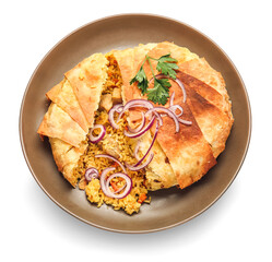 Plate with tasty Shah Pilaf on white background