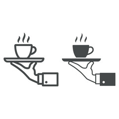 Cup of hot coffee on tray and hand line and solid icon, catering business concept, service vector sign on white background, outline style icon for mobile concept and web design. Vector graphics.