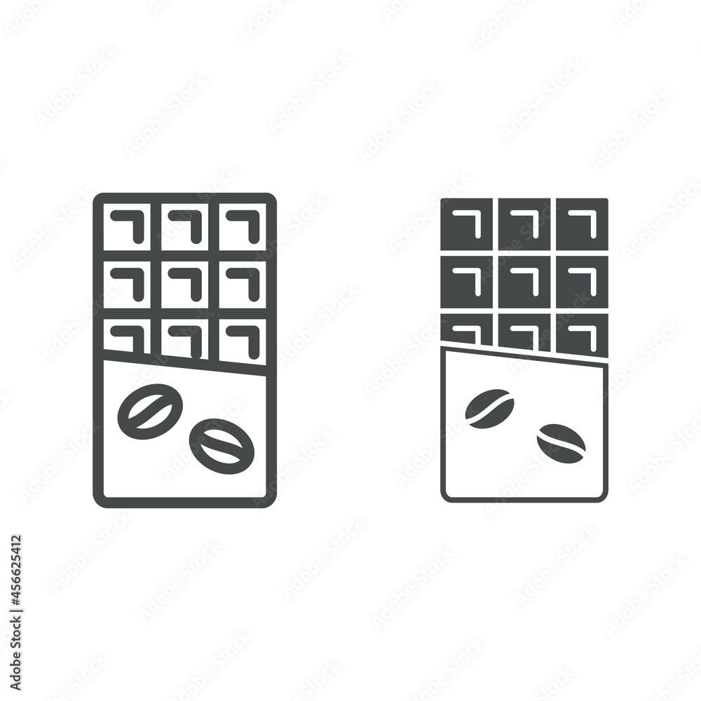 Poster chocolate bar with coffe beans on wrapper line and solid icon, sweets concept, chocolate bar vector 