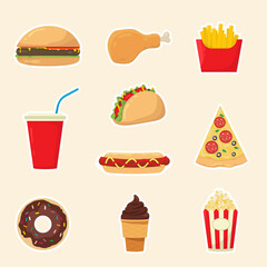 Fast Food Set. Vector collection of fast food icons in cartoon style. 