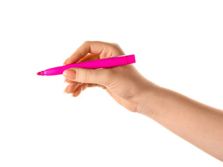 Woman holding felt tip pen on white background