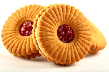 Fresh baked jam biscuits on a white background. 
