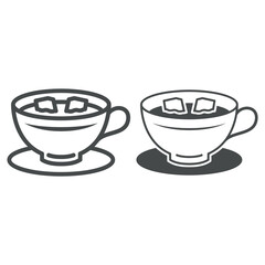 Cup of coffee with lumps of sugar on saucer line and solid icon, hot beverages concept, mug vector sign on white background, outline style icon for mobile concept and web design. Vector graphics.
