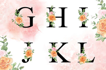 Watercolor floral alphabet set of g, h, i, j, k, l with hand drawn flowers and leaves