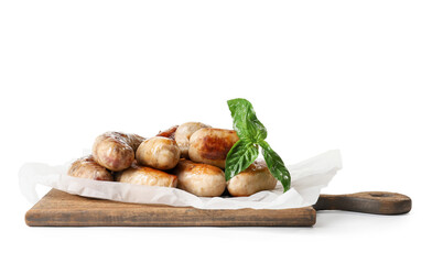 Tasty sausages on white background. Oktoberfest celebration