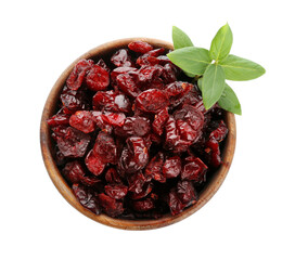 Bowl with tasty dried cranberries on white background