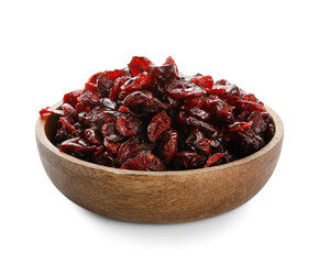 Bowl with tasty dried cranberries on white background