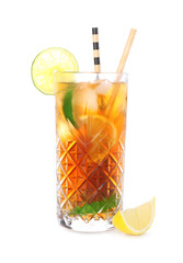 Glass of tasty Long Island iced tea on white background