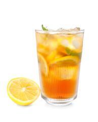 Glass of tasty Long Island iced tea on white background