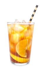 Glass of tasty Long Island iced tea on white background