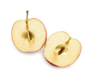Halves of ripe apple on white background