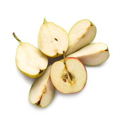 Tasty cut pear and apple on white background