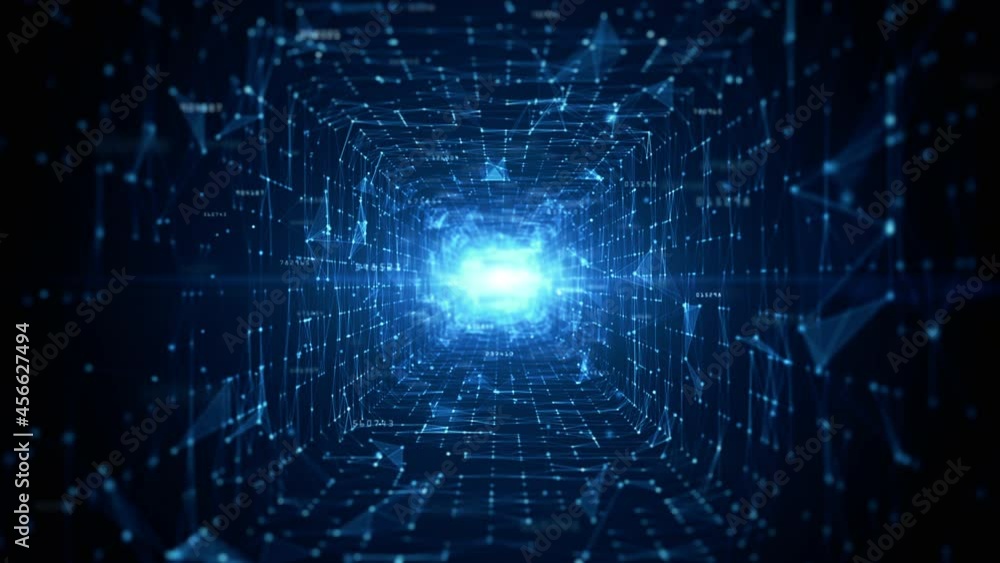 Poster tunnel sci-fi digital cyberspace, digital data network and blockchain connections. technology digita