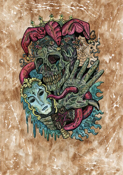 Grunge watercolor illustration of creepy skull of Joker with mask and mirror.