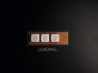 Loading..., the word with light bulb icon on white dices and wood cube block in the progress bar on dark background. Update and upgrade Ideas, creative thinking concepts.