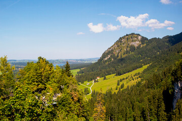 The Schwangau  Countryside in Munich, Germany, Bavaria.   Schwangau lies at an elevation of 800 m (2,620 ft) at the southwest border of the German state of Bavaria. Its surroundings are characterised 