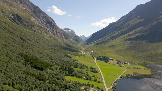 Solitude in the Korsmyr valley, Norway; drone flight next to Eids Lake