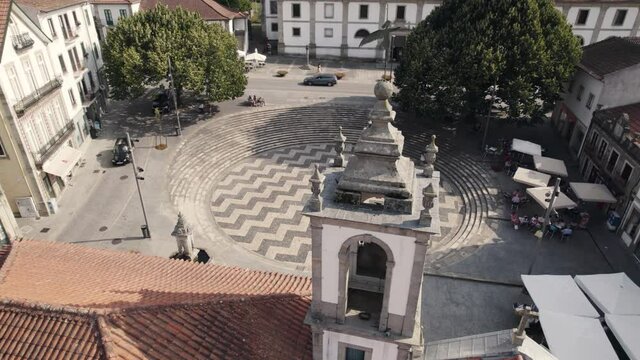 Orbiting shot of the public square Brand&atilde;o de Vasconcelos, Arouca, Portugal