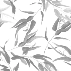 Fotobehang Foliage seamless pattern, black and white eucalyptus leaves on white © momosama