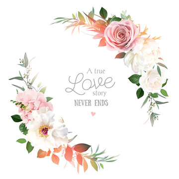 Blush pink roses, hydrangea, ivory peony vector design invitation frame