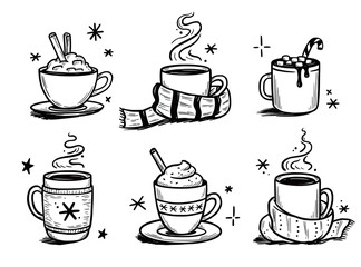 Christmas hot drink set of winter coffee, tea. Hand drawn sketch style. Drink cup, mug with winter scarf. Vector illustration.