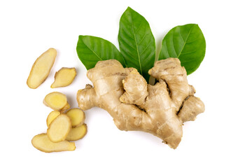 Fresh ginger rhizome sliced with green leaves isolated on white background with clipping path