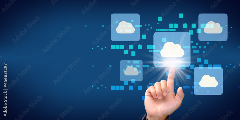 Poster touching cloud computing technology internet storage network concept and a large database big data t