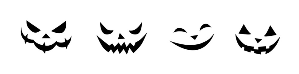 Vector set of smiling faces ghosts in doodle style. Halloween's element for party, poster, invitation, any design. Danger animal. Black and white