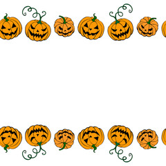 Background, frame for Halloween. Horizontal top and bottom edging, border of festive elements and characters - Jack lantern, pumpkin. Background for greeting card, invitation, party poster, banner